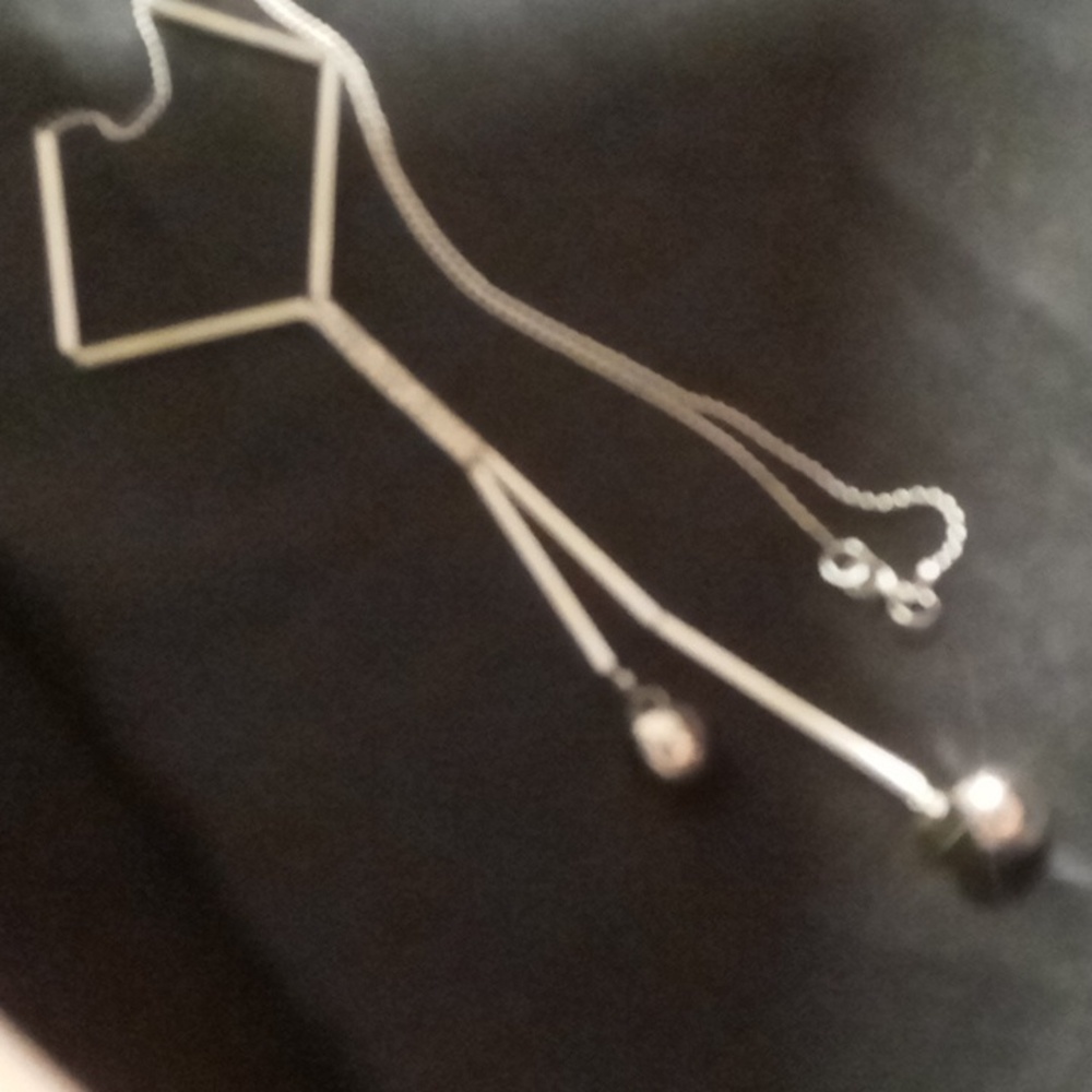 Silver ball bead & square tube slides lariet Necklace 32 in 42 in long total